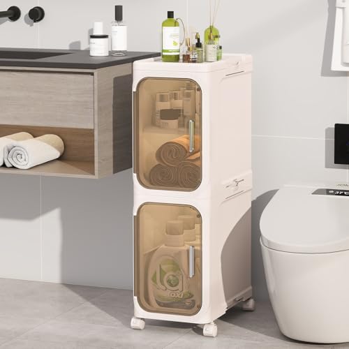 2 Tier Slim Bathroom Storage Cabinet, Foldable and Movable, Beige | Tools Free, ABS and PET, Magnetic Clear Door, Adjustable Shelves, Lockable Wheels, Water Resistant, For Narrow Space - color: Beige, size: 2 Tiers