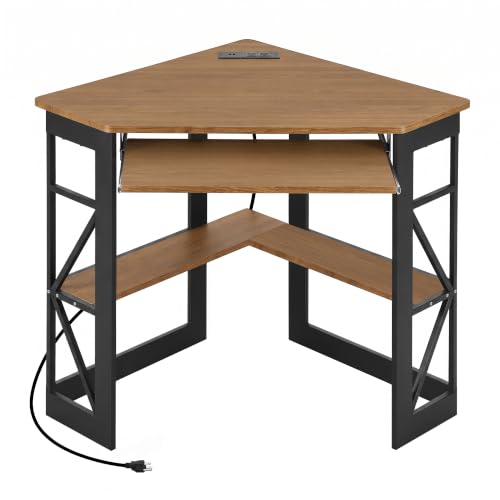 VECELO Corner Desk, Triangle Computer Desk for Small Space with Charging Station and Keyboard Tray, Corner Makeup Table with Storage Shelves for Home Office Bedroom, 41x30, Light Walnut - color: Light Walnut, size: 28" x 41" x 30"