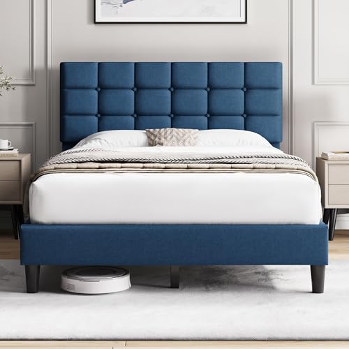 Yaheetech Full Size Upholstered Tufted Bed Frame with Headboard, Navy Blue | Sturdy engineered wood frame with linen fabric upholstery features a soft tufted headboard for easy assembly and support - color: Navy Blue, size: Full