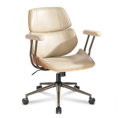 Mid Century Walnut Bentwood PU Leather Office Chair with Arms, Beige | Curved walnut bentwood back & seat; removable armrests; PU leather upholstery; swivel & rolling; for home office & study - color: Beige, size: 2-Section Back / No Headrest