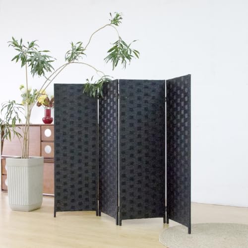 4 Panel Double Sided Short Room Divider for Room Separation, Natural Black Rattan Folding Privacy Screen, Freestanding Partition Screen for Home Office - 3.95 ft Tall - color: Black, size: 4 Panel