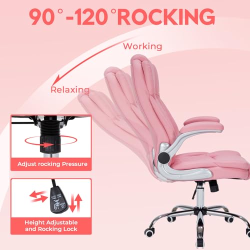 400lbs Executive Office Chair with Flip-Up Armrests, Big and Tall Computer Chair for Heavy People, Heavy Duty Ergonomic Comfy Chair, Breathable PU Leather (Pink) - color: Pink