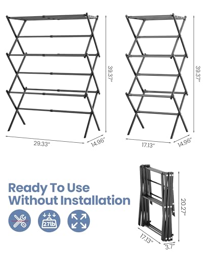 Oversize 3-Tier Clothes Drying Rack, No Install, Black | Expandable Design, Non-slip feet, Tool-free Setup, Rust Prevention, Sturdy Construction, 14.9" D x 29.3" W, Holds 24lbs - color: Black