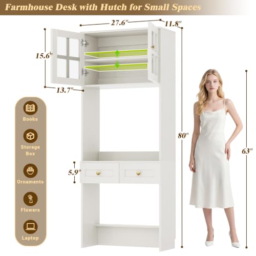 Besiost Farmhouse Desk with Glass Hutch, Small Writing Study Desk with Drawers, Multi-Function Desk for Home Office, Bedroom, Kitchen, Distressed White (27.6" L × 11.8" D × 80" H) - color: Distressed White, size: 27.6"