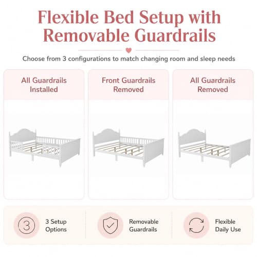 Full Size Kids Bed Frame with Removable Guardrails, Low Profile, White | 3 guardrail setups: all installed, front removed or all removed; 8 slats; 6-inch mattress sold separately; no box spring - color: White, size: Full