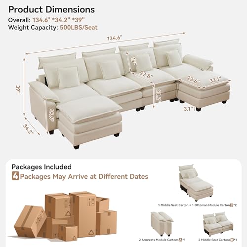 134'' Cloud Modern 4 Seater Couch with Detachable Headrest, Modular Sectional Sofa with 2 Ottoman, Oversized U Shape Chenille Comfy Sofa with Armrests for Living Room, Beige - color: Beige, size: U Shaped Couch