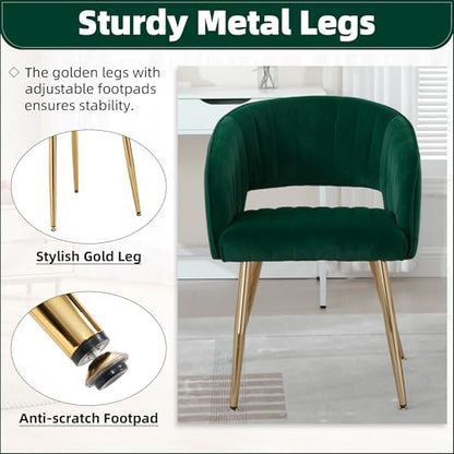 Velvet Home Office Desk Vanity Chair, No Wheels, Gold Legs, Green | Modern Accent Chair with Stylish Stripe Design, Spacious‌ Soft Seat for Girls & Women Bedroom Makeup or Nail Table - color: Green Velvet, No Wheels