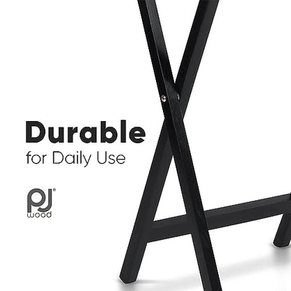 PJ Wood - Folding Wood TV Tray Table - Black 6-Piece Set | Solid Hardwood Construction, 19.09 x 14.57 x 26 in, 31.5 in Collapsed Length, No Assembly Required, Indoor Use
