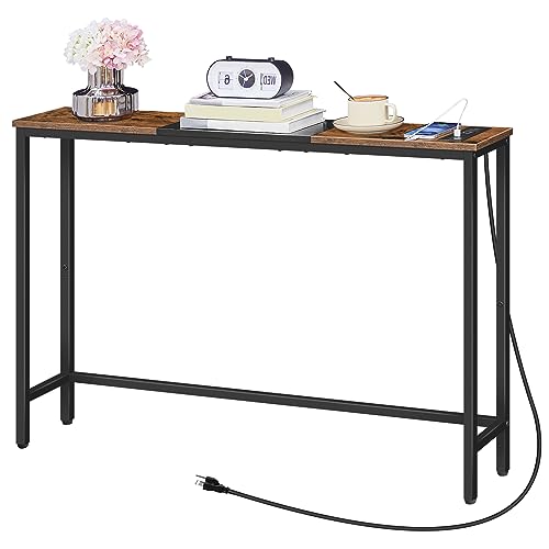 HOOBRO Narrow Console Table with Power Outlets, 44.9 Inches Sofa Table, Slim Behind Couch Table, Entryway Table with Display Shelf, for Living Room, Foyer, Hallway, Rustic Brown and Black BF114UXG01 - color: Rustic Brown + Black