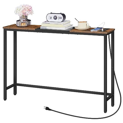 HOOBRO Narrow Console Table with Power Outlets, 44.9 Inches Sofa Table, Slim Behind Couch Table, Entryway Table with Display Shelf, for Living Room, Foyer, Hallway, Rustic Brown and Black BF114UXG01 - color: Rustic Brown + Black