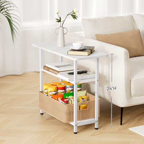 SLEEPING LAMB Side Table for Living Room, 3-Tier End Table for Small Space with Wide Storage Tabletop, Elegant White Narrow Nightstand for Bedroom, Sofa Couch - color: White