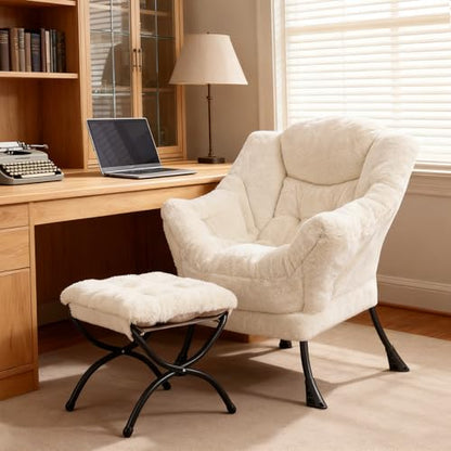 Modern Lazy Chair with Ottoman Lounge Accent Reading Chair for Living Room | Foldable Footstool,Removable Cover,Soft Padded Seat & Backrest,Upholstered Comfy Chair for Bedroom,Dorm,Office,Small Space - color: Plush Beige