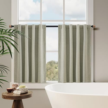 Sage Green 100% Blackout Kitchen Linen Curtains Back Tab 30 Inch Length Privacy Elegant Mini Cafe Curtain for Rustic Farmhouse Bathroom Thermal Insulated Bath Room Over Sink Drape 26x30 - color: Sage Green, size: 26"W x 30"L (Pack of 2)