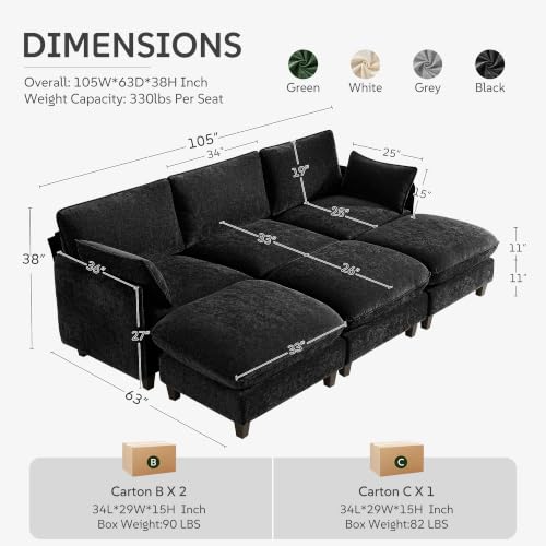 Ihanherry 105" Sleeper Sofa, Modular Sectional Cloud Couch with Oversized Large Cushions & 3 Movable Ottoman, Chenille Deep Seat Couch for Living Room, Black - color: Black, size: 105“ 6 Seat Sleeper Sofa