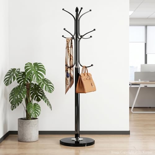 Kertnic Freestanding Coat Rack Stand, Heavy Duty Metal Hall Tree with 12 Hooks, 70 Inch Tall Stable Coat Hanger with 14.6" Natural Marble Base, Entryway Organizer for Coats Bags Hats Purses (Black) - color: Black