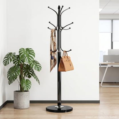 Kertnic Freestanding Coat Rack Stand, Heavy Duty Metal Hall Tree with 12 Hooks, 70 Inch Tall Stable Coat Hanger with 14.6" Natural Marble Base, Entryway Organizer for Coats Bags Hats Purses (Black) - color: Black