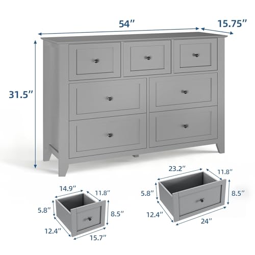 Garvee Grey 7-Drawer Dresser for Bedroom, 54" Entryway Storage Organizer | Modern Lacquered Chest of Drawers for Bedroom, 15.8"D x 54"W x 31.5"H, MDF - color: Grey, size: 15.8"D x 54"W x 31.5"H (7 Drawers)