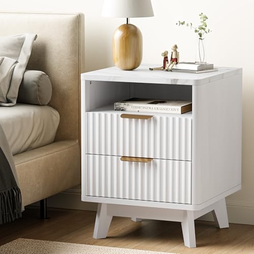 White Nightstand with 2 Drawers, 18" Modern Night Stand with Faux Marble Top, Open Storage Shelf, Fluted Bedside Table for Bedroom, End Table Side Table - color: White Marble