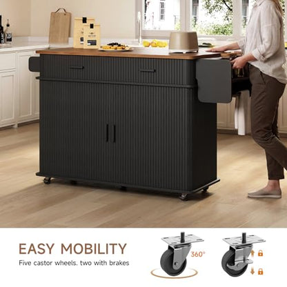 56" Kitchen Island on Wheels with Drop Leaf Countertop, Large Mobile Island Table with 2 Drawers and Spice Rack and Tower Rack, Mid-Century Modern Island Cart with Storage for Kitchen, Black - color: Black