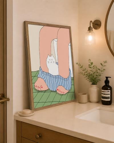 Funny Bathroom Cat Wall Art Canvas Framed Poster Painting Print Picture, Cute Cat in Pants Cartoon Illustration, Humorous Toilet Bathroom Decor Artwork for Living Room Restroom Home Decoration 16x24 Inch - color: A-Cat, size: 24"L x 16"W