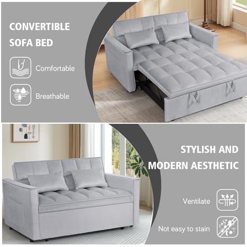 3 In 1 Velvet Convertible Sofa Bed, Pull Out Couch Bed with Reclining Backrest And 2 Pillows, 54" Full Size Loveseat Sleeper Sofa Futon Couch Beds, Couches For Small Spaces, Living Room (Silver Grey) - color: Silver Grey
