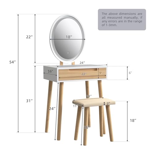 YOURLITE Makeup Vanity Table Set with 3 Modes Adjustable Lighted Mirror Cushioned Stool, Dressing Table for Small Space | 3 Lighting Modes, Adjustable Brightness, Cushioned Stool, Dressing Table, Compact Design, for Small Spaces - size: 24", style: Oval M