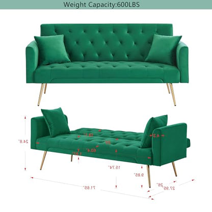 72"Modern Velvet Sofa Bed Futon,Convertible Folding Sleeper Bed Couches with 3 Adjustable Backrests,Tufted Recliner Love Seat with Golden Chrome Legs for Living Room Apartment Office (Green+pillows) - color: Green+pillows