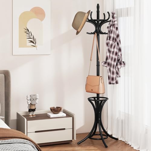Giantex Solid Wood Coat Rack, Freestanding Hall Tree w/12 Hooks, Umbrella Holder, Entryway Hanger Stand for Coat, Hats, Scarves, Bags, Wooden Garment Rack for Bedroom, Hallway (Black) - color: Black