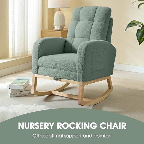NIOIIKIT Modern Nursery Rocking Chair, Teddy Upholstered Rocking Chair with Footrest, Comfortable Rocker Chair with Side Pocket, Rocker Chair for Living Room, Bedroom, Nursing Room (Green) - color: Green