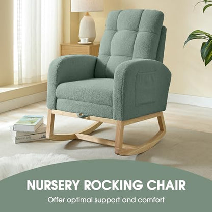 NIOIIKIT Modern Nursery Rocking Chair, Teddy Upholstered Rocking Chair with Footrest, Comfortable Rocker Chair with Side Pocket, Rocker Chair for Living Room, Bedroom, Nursing Room (Green) - color: Green