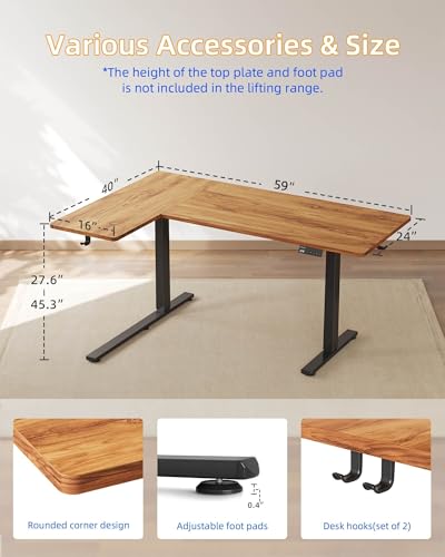 YIHAYO Reversiable L-Shaped Electric Standing Desk, 59 Inches Stand Up Corner Desk, Sit and Stand Up for Work Office Home, Computer Table with Splice Board, Rustic Brown Top - color: Black Frame/Rustic Brown Top, size: 59*40 Inch