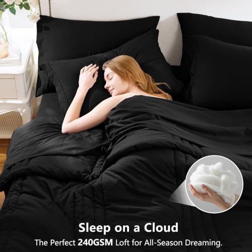 Super King Comforter Set Black - Oversized 120x120 Bed in a Bag | Fuller King-Bed Coverage, 240GSM Down-Alternative Fill, 14" Deep-Pocket Sheets, Shams & Pillowcases, Lightweight - color: Black, size: Super King