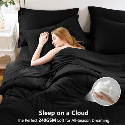 Super King Plus Comforter Set Black - Oversized 128x120 Bed Set | Maximum King-Bed Coverage, 240GSM Down-Alternative Fill, 14" Deep-Pocket Sheets, Shams & Pillowcases, Lightweight - color: Black, size: Super King Plus