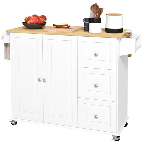 HOMCOM Drop Leaf Kitchen Island on Wheels, Rolling Kitchen Cart with Cabinet, 3 Drawers, Wooden Top, Towel Rack and Spice Rack, White