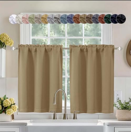 Aiyufeng Taupe Short 36 Inches Blackout Curtain 2 Panels Set, Half Window Rod Pocket Privacy Curtain Tiers for Kitchen, Curtains Blackout for Bathroom Shades, W40 x L36 Inch, Taupe - color: Taupe, size: 40"W x 36"L (Pack of 2)