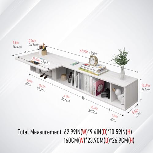 Pmnianhua 63'' Floating Desk with Storage Shelves,Wall Mounted Desk Laptop Computer Writing Study Table for Bedroom Small Space(White)