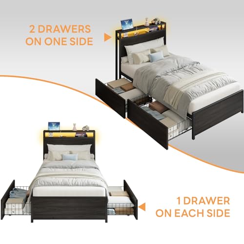 LIKIMIO Twin Bed Frame with DIY Layout Storage Drawers and LED Light | Black Platform Bed with 2-Tier Storage Shelf Headboard, Built-in Charging Station, Suitable for Teen Rooms, Small Space - size: Twin