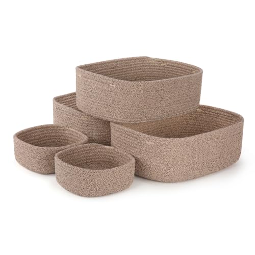 5-Pack Large Woven Rope Storage Baskets, 2 Sizes Organizer Bins | Fabric Cube Boxes and Rectangular Shallow Bins for Closet, Shelf, Bookshelf, Nursery, Changing Table, Bathroom, Toys & Home - color: natural, size: 3pcs-14.96*11.02*5.11'' & 2pcs-7.08*7.08*