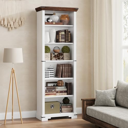 6-Tier Farmhouse Bookshelf, 73 inch Tall Book Shelf with Unique Design & 2 Adjustable Shelves, Wooden Bookshelf for Study Room, Living Room, Kitchen, Bedroom (White) - color: White, size: 6-tier