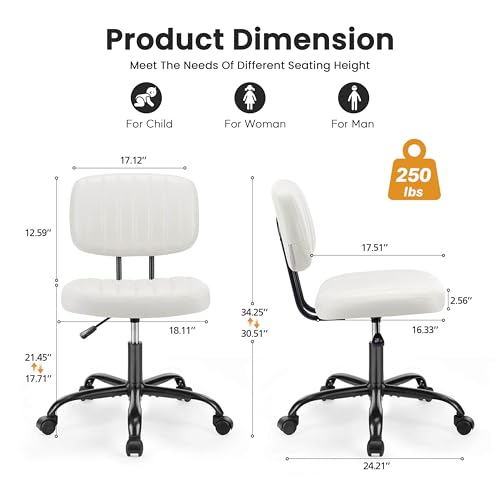 YSSOA Small Office Desk Chair Comfy Computer Chair with Ergonomic Low Back Lumbar Support, Height Adjustable Armless PU Leather Vanity Stool 360° Swivel Rolling Chair for Home Bedroom, White - color: White