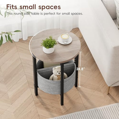 Small Round Side Table End Table, Tall Accent Table with Storage Basket, Set of 2 Half Round Tables Half Moon Tables, Coffee Bedside Tables, Modern Nightstand for Living Room Bedroom, Gray - color: Greige