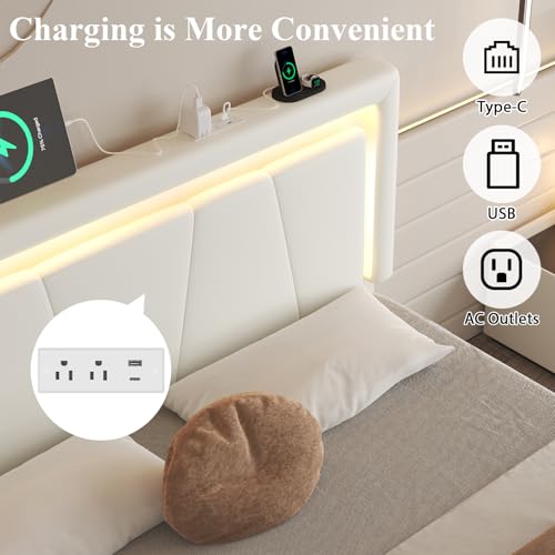 Full Size Bed Frame with 4 Storage Drawers, Upholstered Headboard, White | Modern Bed, Charging Station, LED Light, Adjustable Height Headboard, Noise-Free, No Box Spring Needed, Easy Assembly - color: White, size: Full