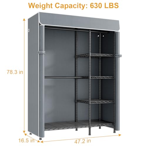 F2C Clothes Rack with Cover, Gray Covered Clothing Racks | Heavy Duty Garment Rack with Shelves and Hanger Rods, Portable Closet System, 47.2"W x 16.5"D x 78.3"H, Load 630lbs - color: Black Closet with Gray Cover
