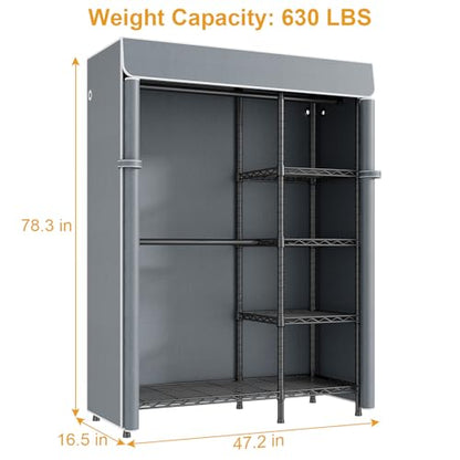 F2C Clothes Rack with Cover, Gray Covered Clothing Racks | Heavy Duty Garment Rack with Shelves and Hanger Rods, Portable Closet System, 47.2"W x 16.5"D x 78.3"H, Load 630lbs - color: Black Closet with Gray Cover