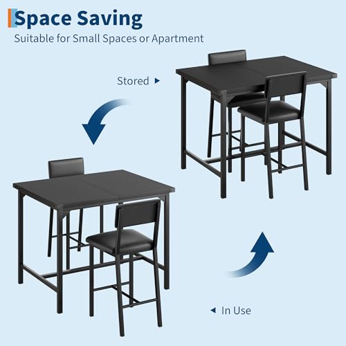 GAOMON Dining Table Set for 2 w/Backrest, Counter Height Table with 2 Upholstered Bar Stools, 3-Piece Kitchen Table Set with Footrest & Corner Protector, for Dining Room, Kitchen, Retro Black