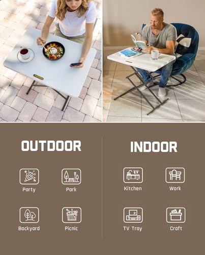FanttikOutdoor Small Folding Table Quick Adjust 3 Heights, TV Tray, Dining | 2-Second One-Handed Adjustable Height, Foldable Laptop Desk, Lowering Lever, No Assembly, 28 inch, White Zeta X1 Apex