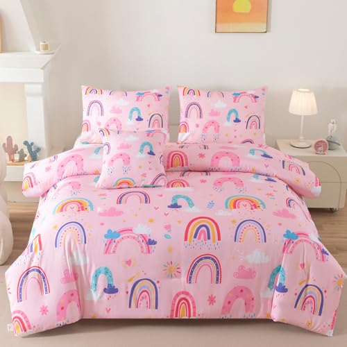 Rainbow Girls Bedding Set Twin Size, Love Hearts Rainbow Comforter Set Twin Pink Bedding Sets for Girls Kids - color: Rainbow-1, size: Twin-4pcs