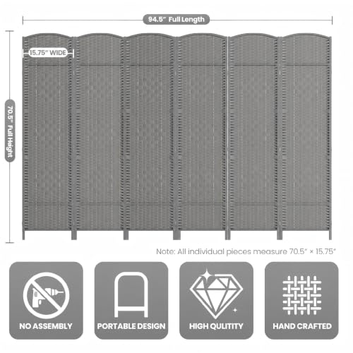 6 Panel Folding Room Divider,Woven Privacy Screen,Grey | Solid wood frame, handcrafted diamond pattern, 6FT tall, extends to 94.5 inches wide, no assembly required - color: Grey, size: 6-Panel