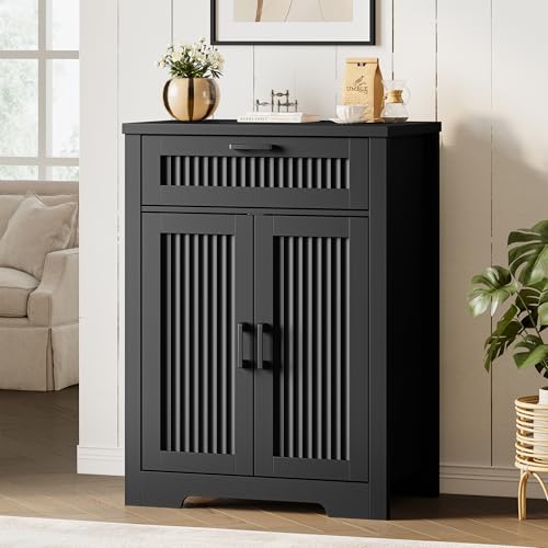 Fluted Buffet Sideboard Cabinet with Storage, Buffet Table with Drawer | Modern Buffet Table with Drawer & Doors, Wood Coffee Bar Console Table with Adjustable Shelf for Kitchen, Living Room, Black - color: Black, size: 2 Doors & Drawer
