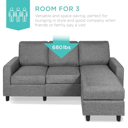 Best Choice Products Upholstered Sectional Sofa for Home, Apartment, Dorm, Bonus Room, Compact Spaces w/Chaise Lounge, 3-Seat, L-Shape Design, Reversible Ottoman Bench, 680lb Capacity - Gray - color: Linen - Gray
